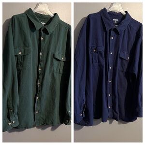 2 Men's Casual Button Down Shirts- Green and Blue Flannel